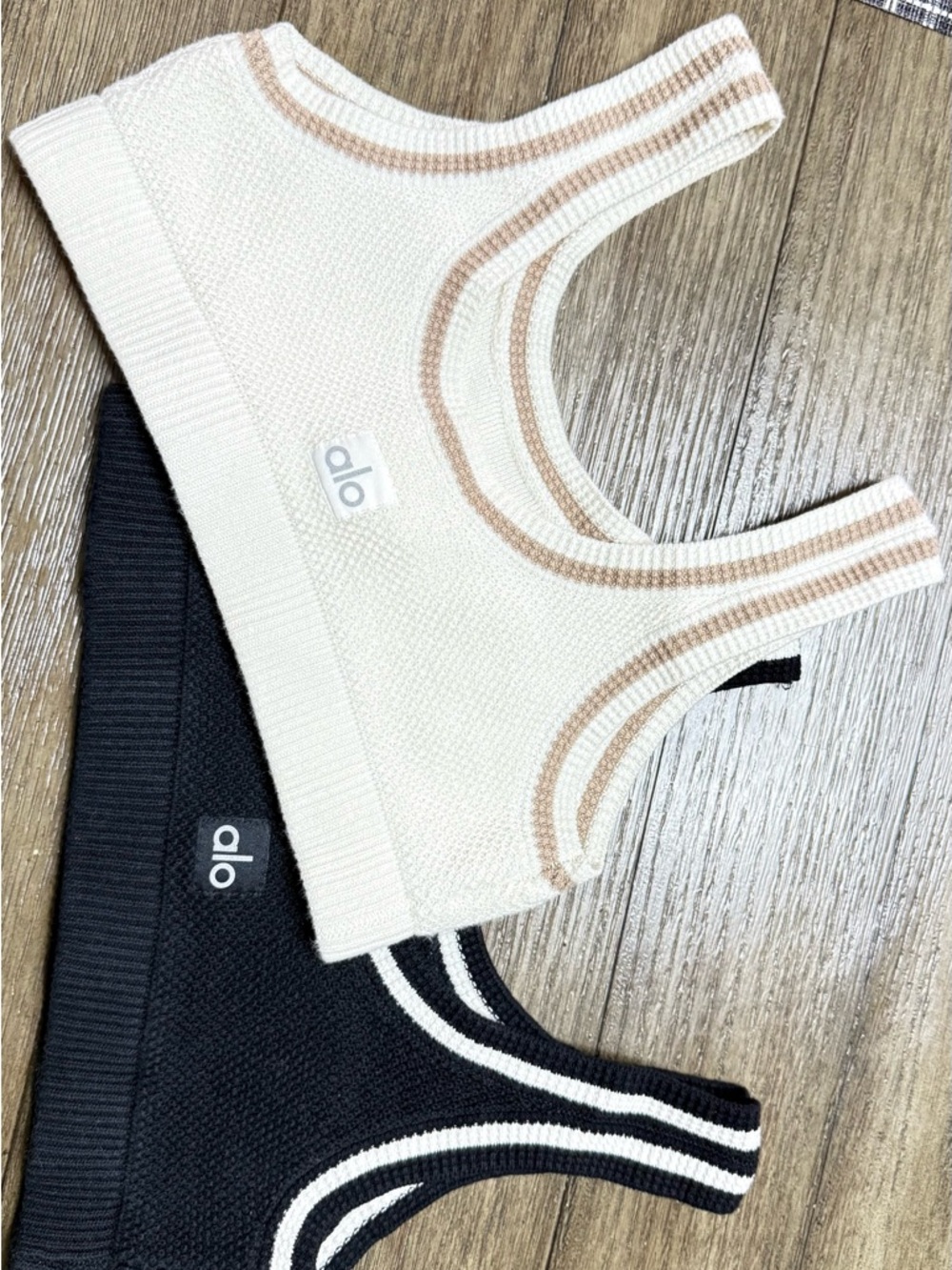 ALO Yoga Cream & Black Ribbed Racerback Tank Tops